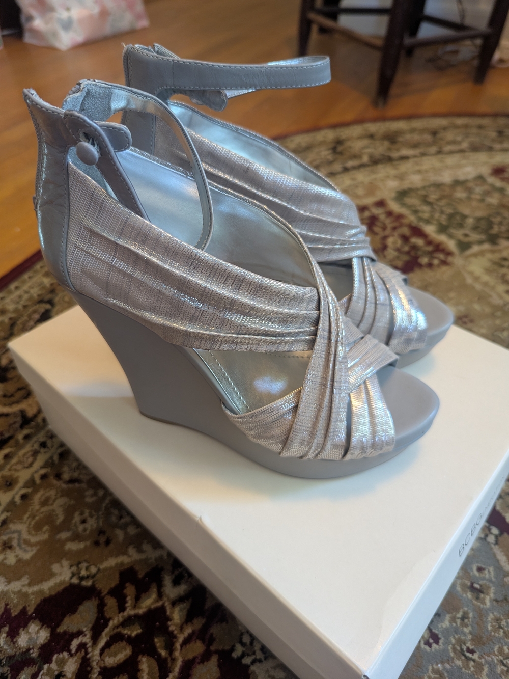 BCBGeneration Silver Metallic Wedge Sandals with Ankle Strap